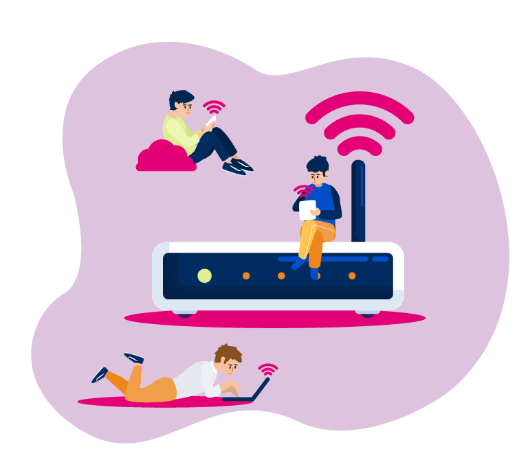 Three animated people are using the internet in different ways one lying and using a laptop, the second one is sitting and using a mobile, and the third one is sitting over a large modem that is showing a wifi signal.